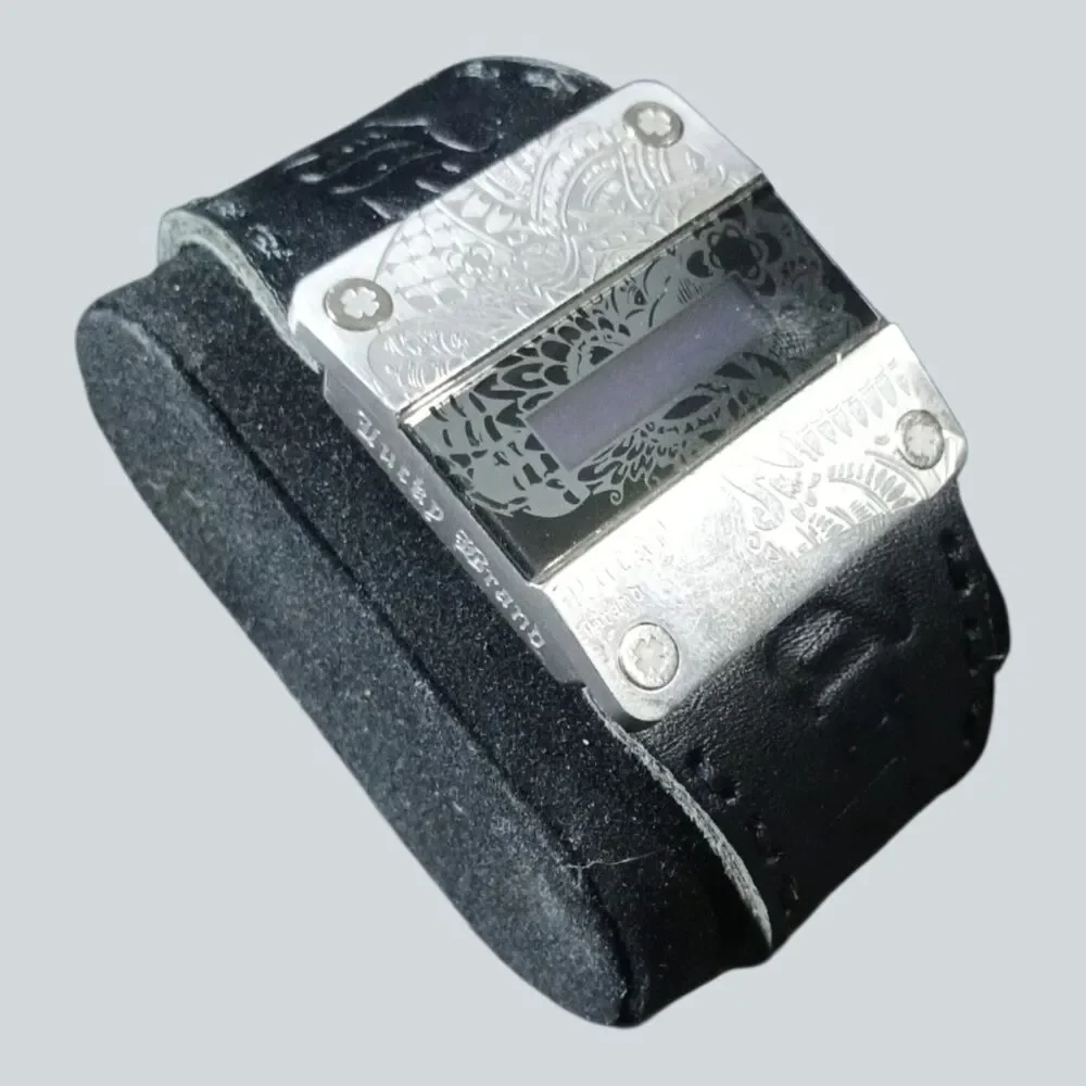 Lucky Brand Digital Watch Black Leather Cuff Silver Etched Case Battery Needed